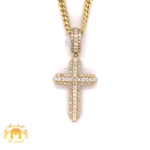 14k Gold Diamond 3D Cross Pendant and Gold Cuban Link Chain Set
