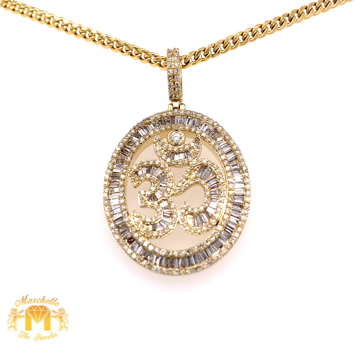 14k Gold Om Pendant with Baguette & Round Diamond & 14k Gold Cuban Link Chain