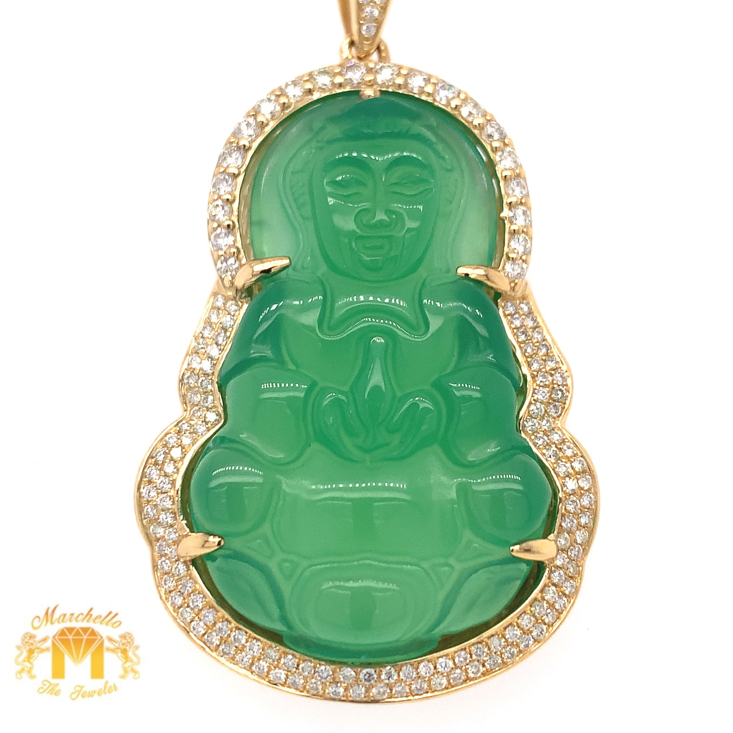Gold and Diamond Green Buddha Pendant with Round Diamond and Cuban Link Chain Set