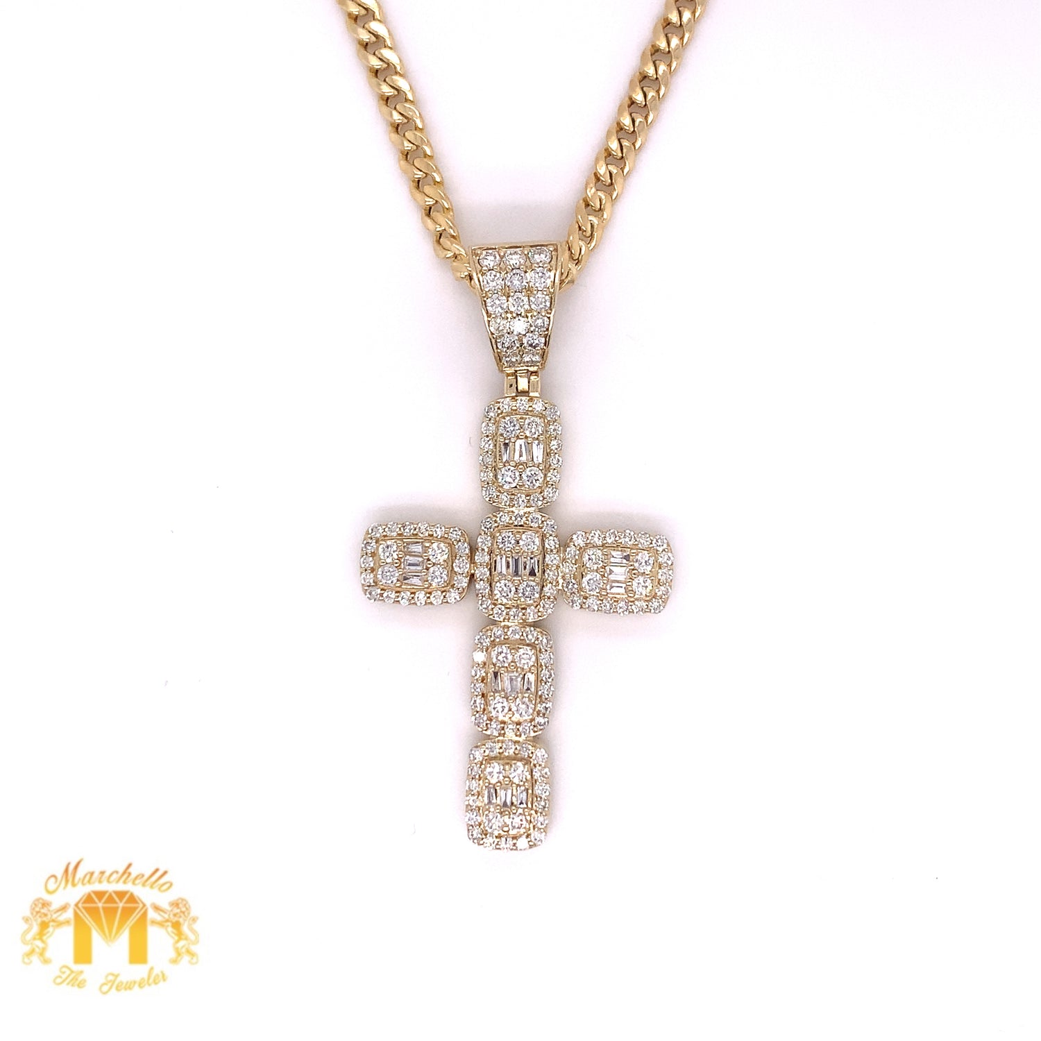 14k Gold Solid Cross Pendant with Baguette Diamond and Chain Set