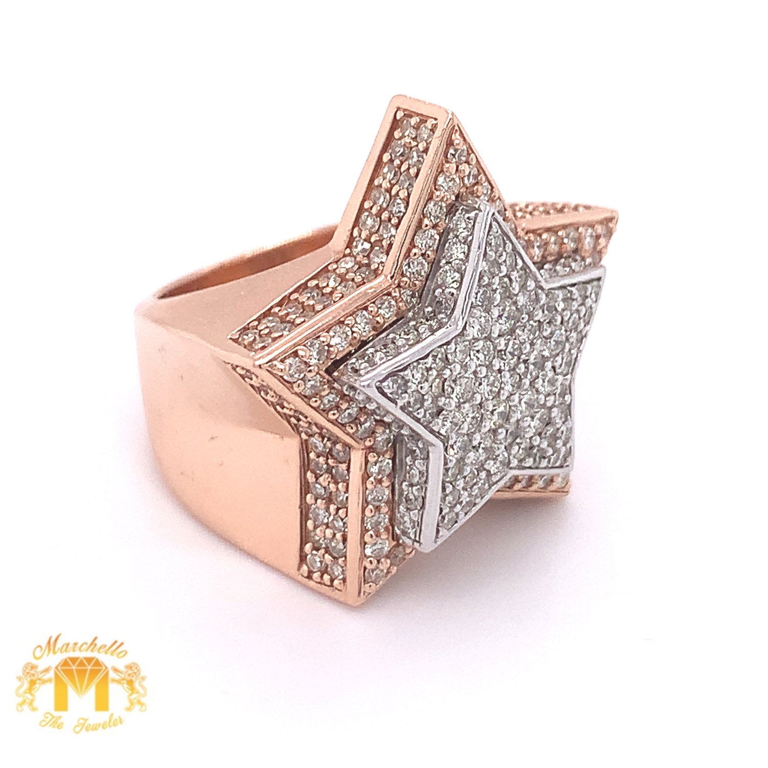 14k Gold Star Ring with Round Diamond (3D, solid back)