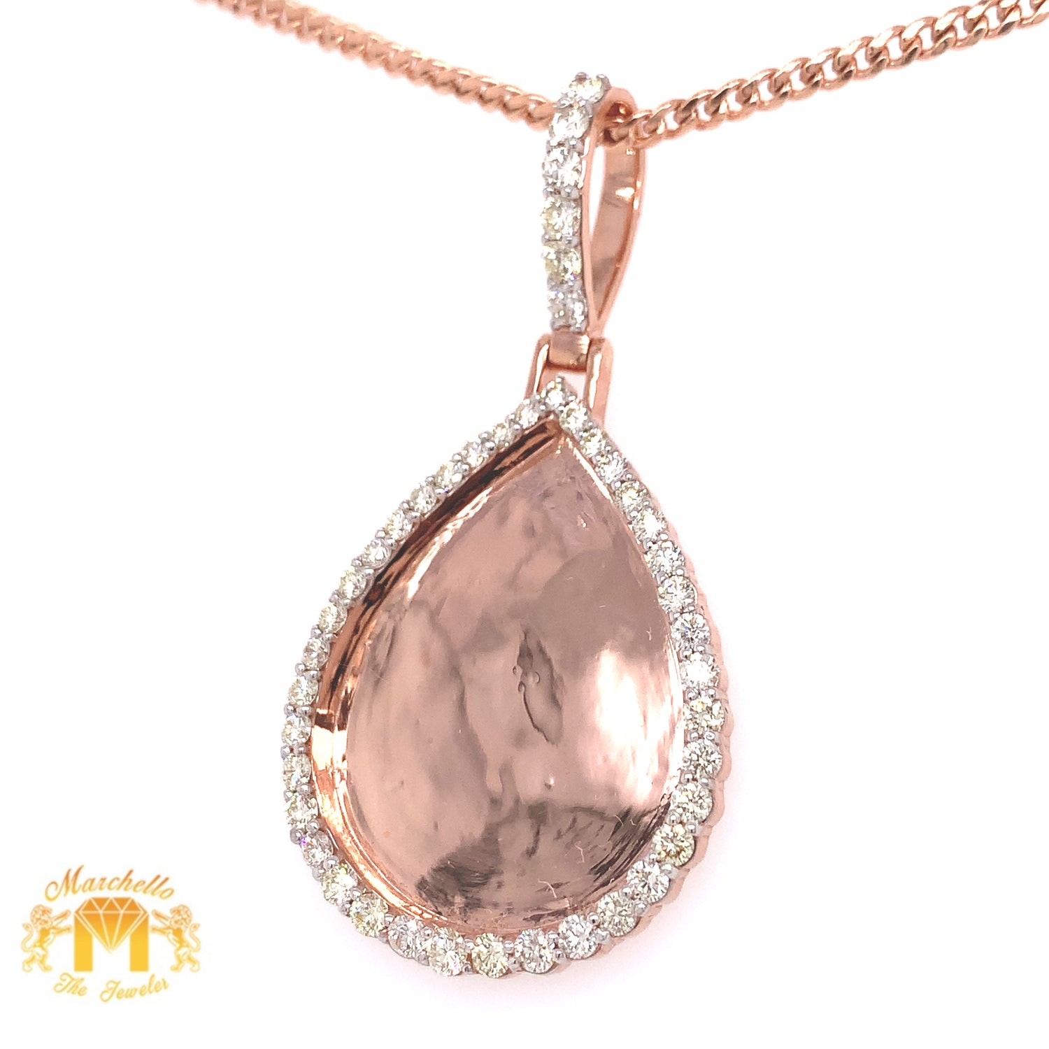 3ct Diamond and Gold Custom Large Memory Picture Pendant & Cuban Link Chain Set (tear drop shape, solid back)