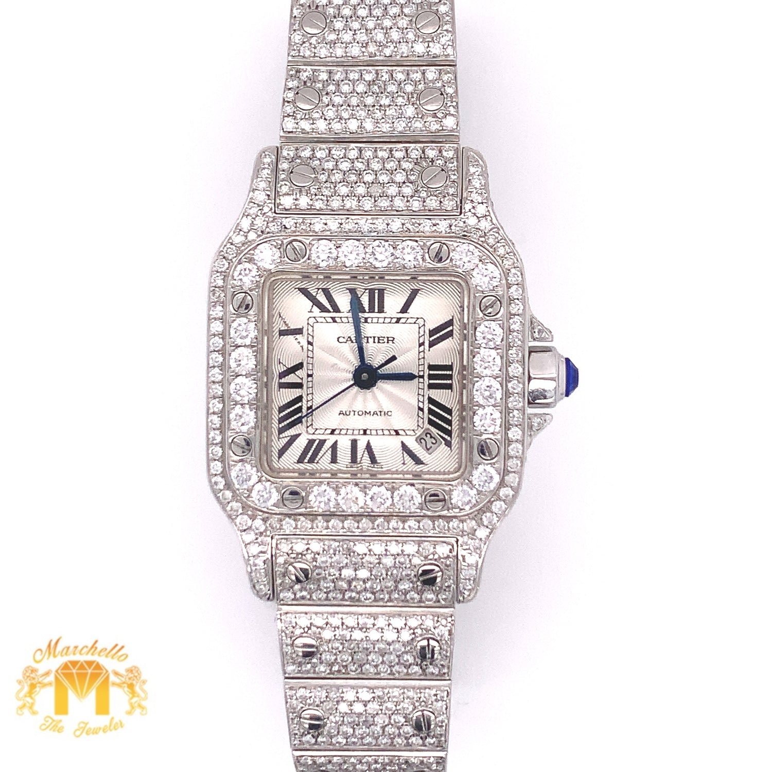 8ct Diamond Iced Out Cartier Santos Ladies’ Watch + Flower-shaped Diamond Earrings (24 mm, stainless steel)