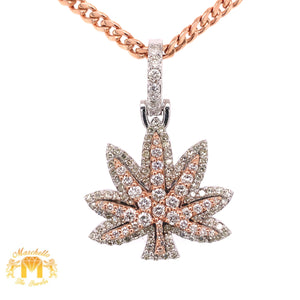 14k Gold Weed Leaf Pendant with Round Diamond and Gold Cuban Link Chain Set (solid back)