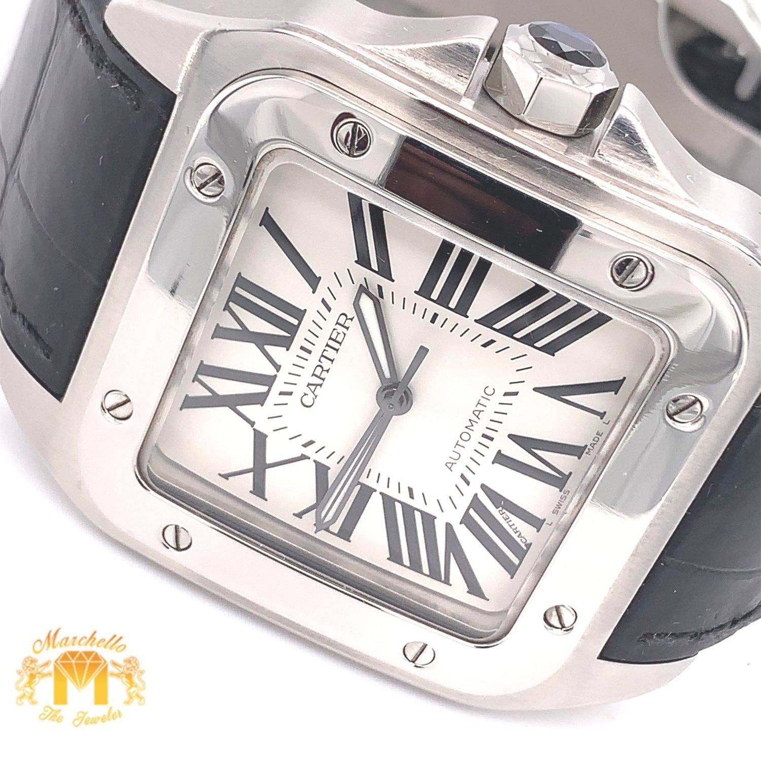 Cartier Santos 100 Watch (40 mm, stainless steel, leather band)