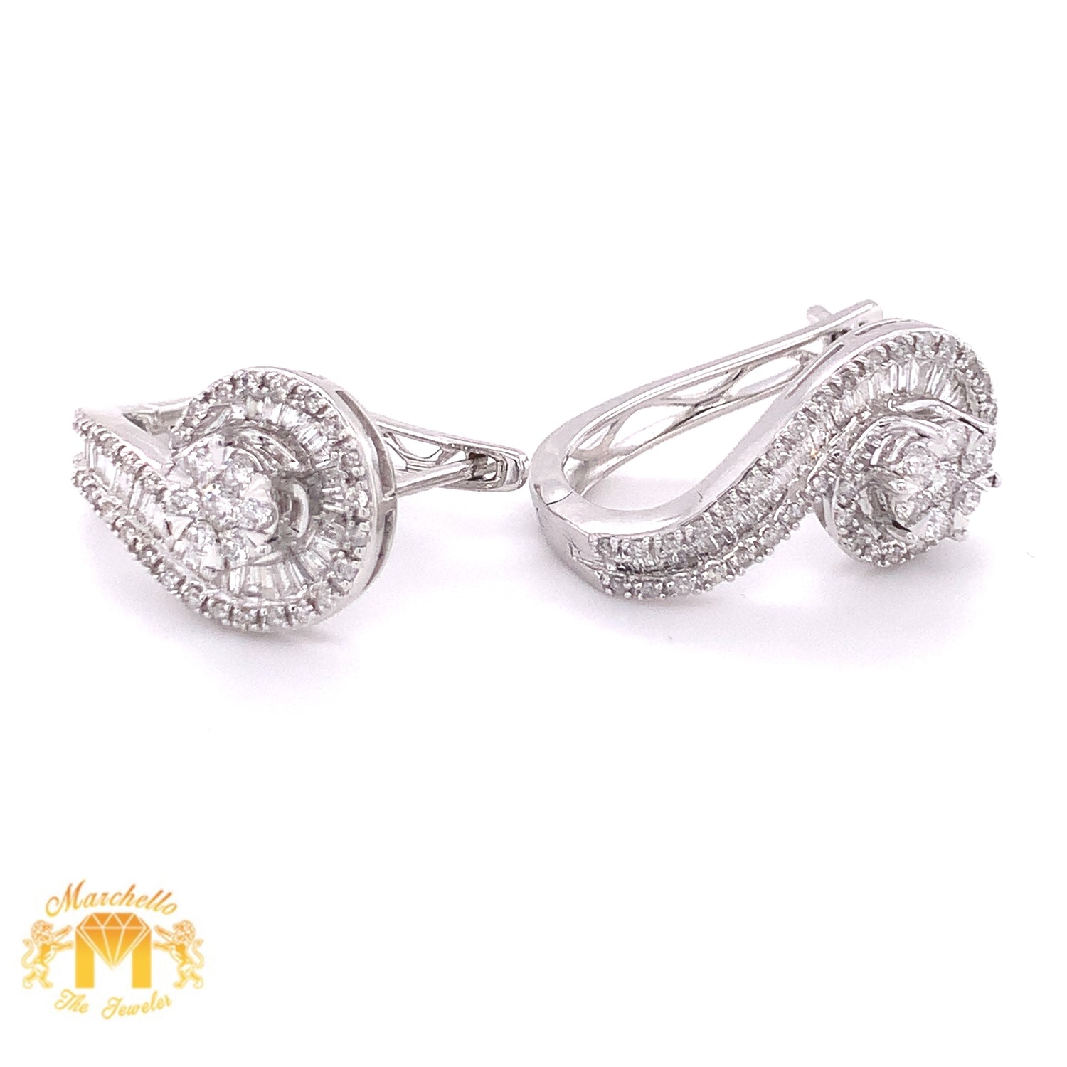 White Gold and Diamond Ladies' Earrings with natural Baguette & Round Diamond(French lock)