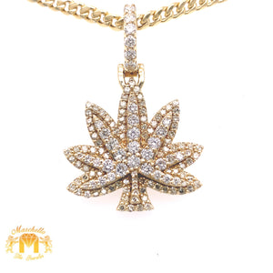 14k Gold Weed Leaf Pendant with Round Diamond and Gold Cuban Link Chain Set (solid back)