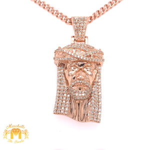 14k Gold Jesus Head Diamond Pendant and 14k Gold Cuban Chain Set (solid back)