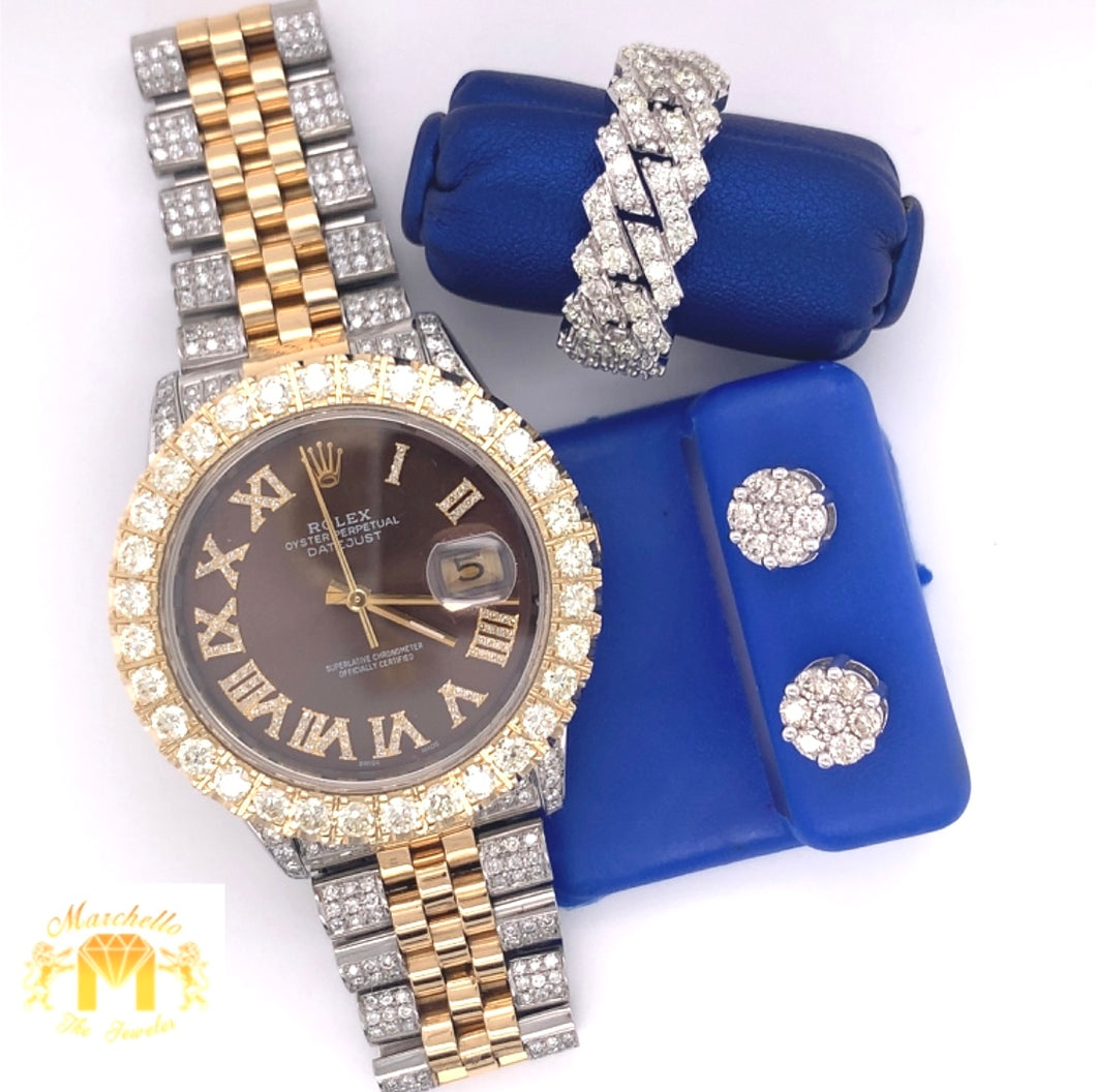 9.5ct Iced out Rolex Watch + Diamond Ring + Diamond Earrings Set