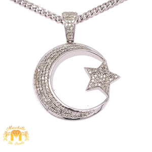 Diamonds and Gold Crescent Moon & Star Pendant + Gold Cuban Link Chain Set (solid back)