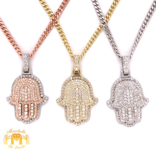 14k Gold Hamsa Diamond Pendant and Gold Cuban Link Chain Set (solid back, double-decker)