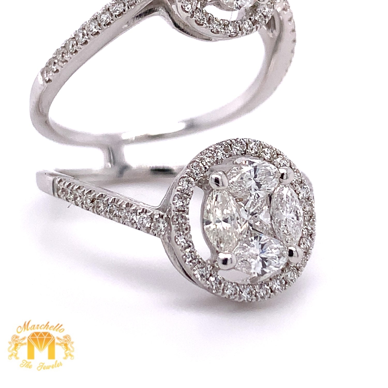 18k White Gold Double Circle Ring with Marquis & Round Diamond