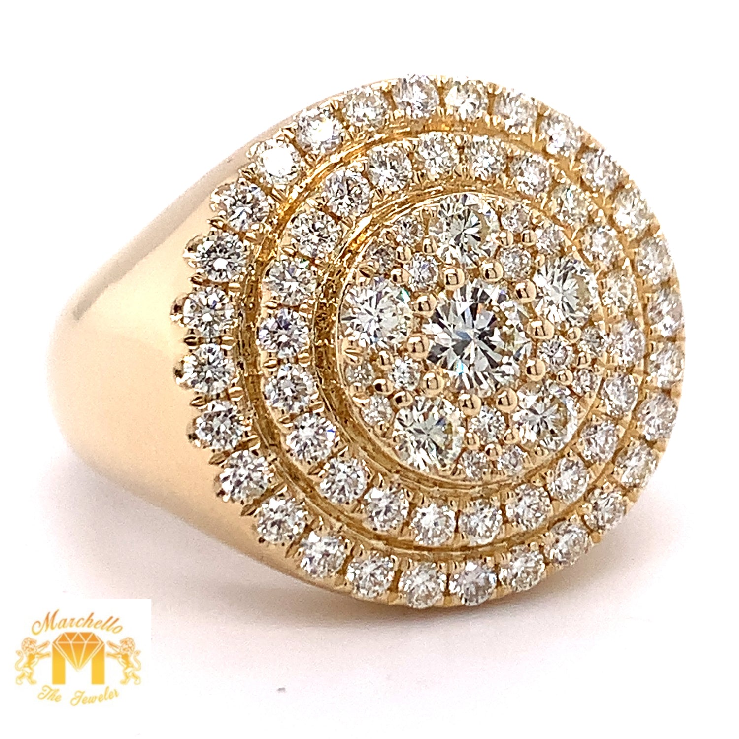 14k Gold Men’s Cake Diamond Ring  (3 row, solitaire center)