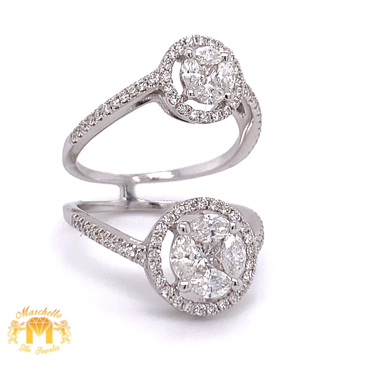 18k White Gold Double Circle Ring with Marquis & Round Diamond