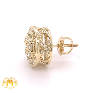 14k Gold Round 3D Diamond Earrings (with side diamonds)
