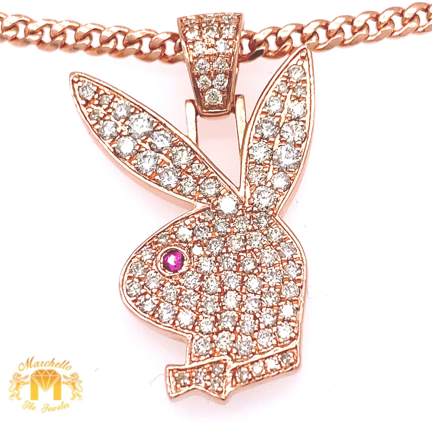 14k Gold XL Playboy Bunny Pendant with Round Diamond and Gold Chain Set (solid back)