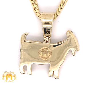 14k Gold 3D GOAT Pendant with Round Diamond and Gold Cuban Link Chain Set (solid back)