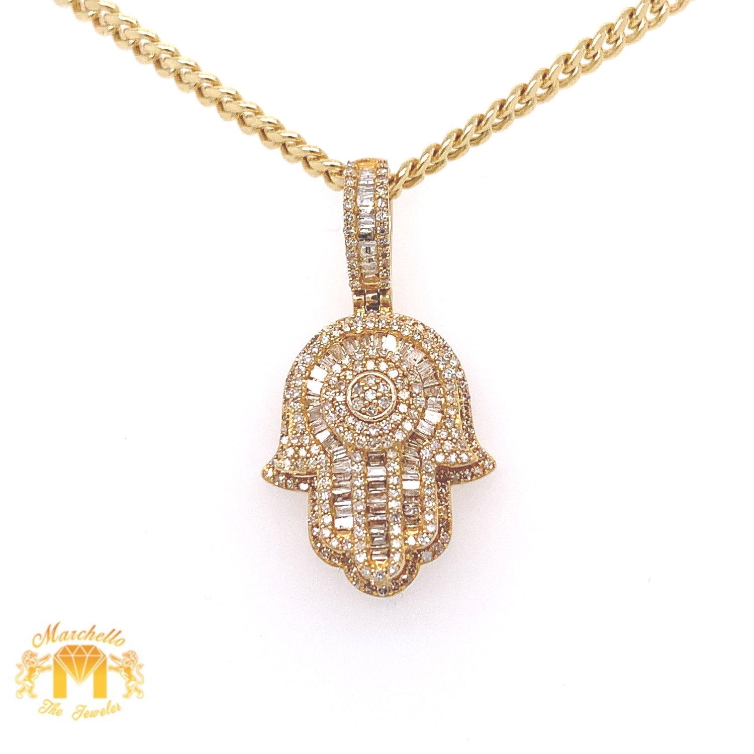 14k Gold Hamsa Pendant with Baguette Diamond & Gold Cuban Link Chain