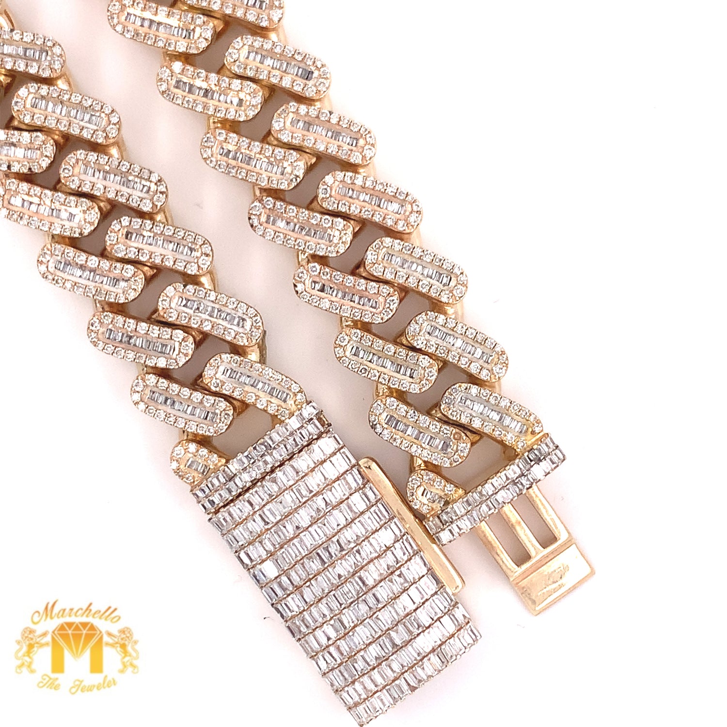 Gold and Diamond 15MM Cuban Chain with baguette & round diamonds(prong set, box clasp)