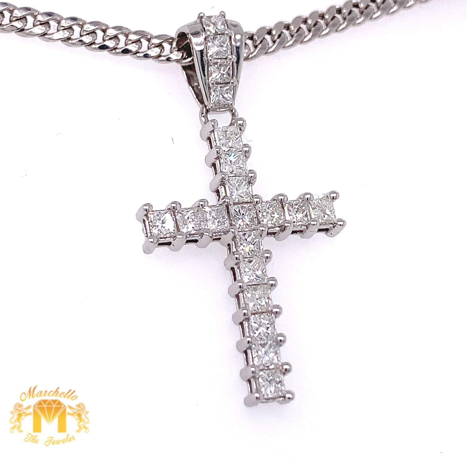 14k Gold Unisex Cross Pendant with Princesscut Solitaire Diamond and Gold Cuban Link Chain Set