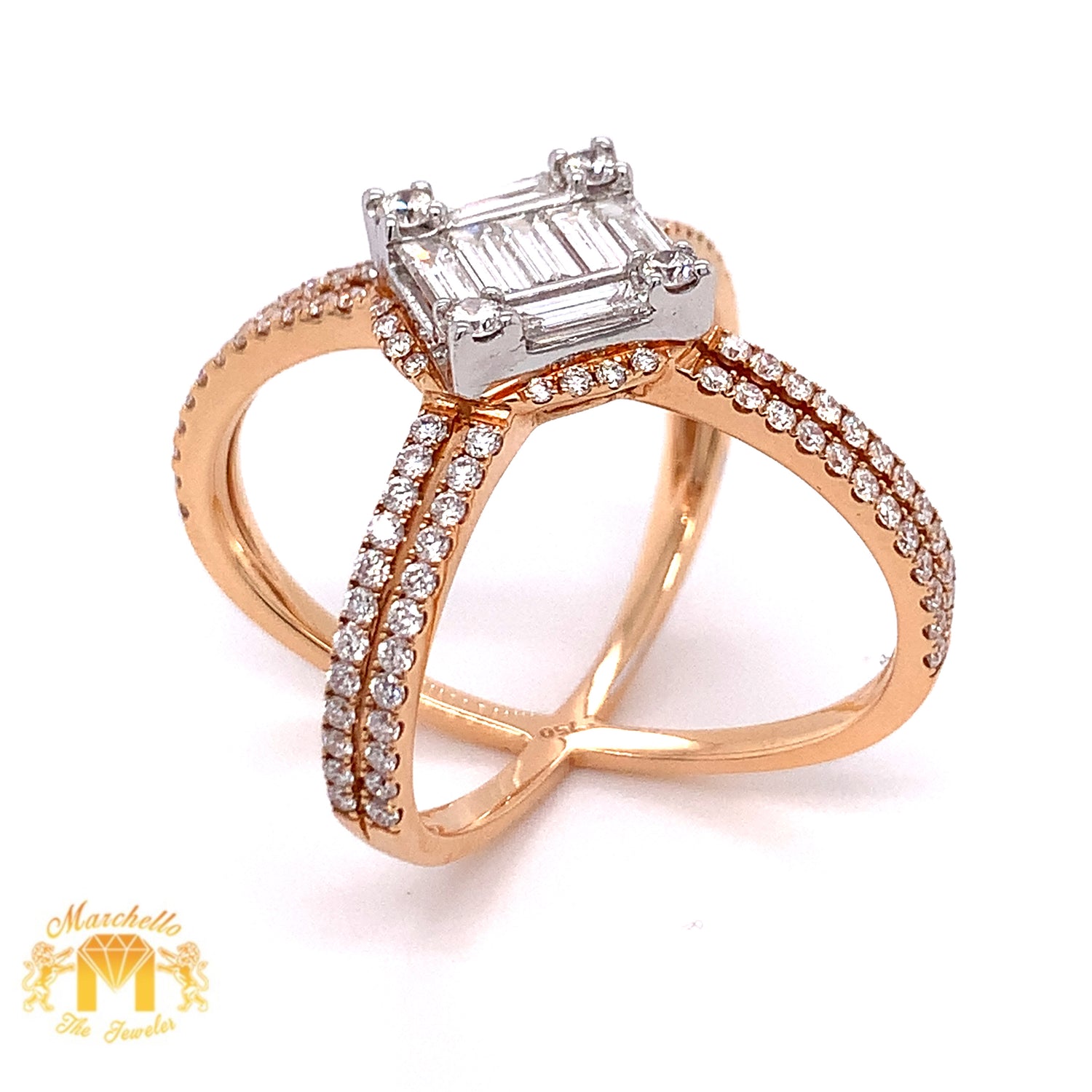 VVS/vs high clarity diamonds set in a 18k Rose Gold Ladies' Criss Cross Ring with Baguette & Round Diamond  (jumbo VVS baguettes)