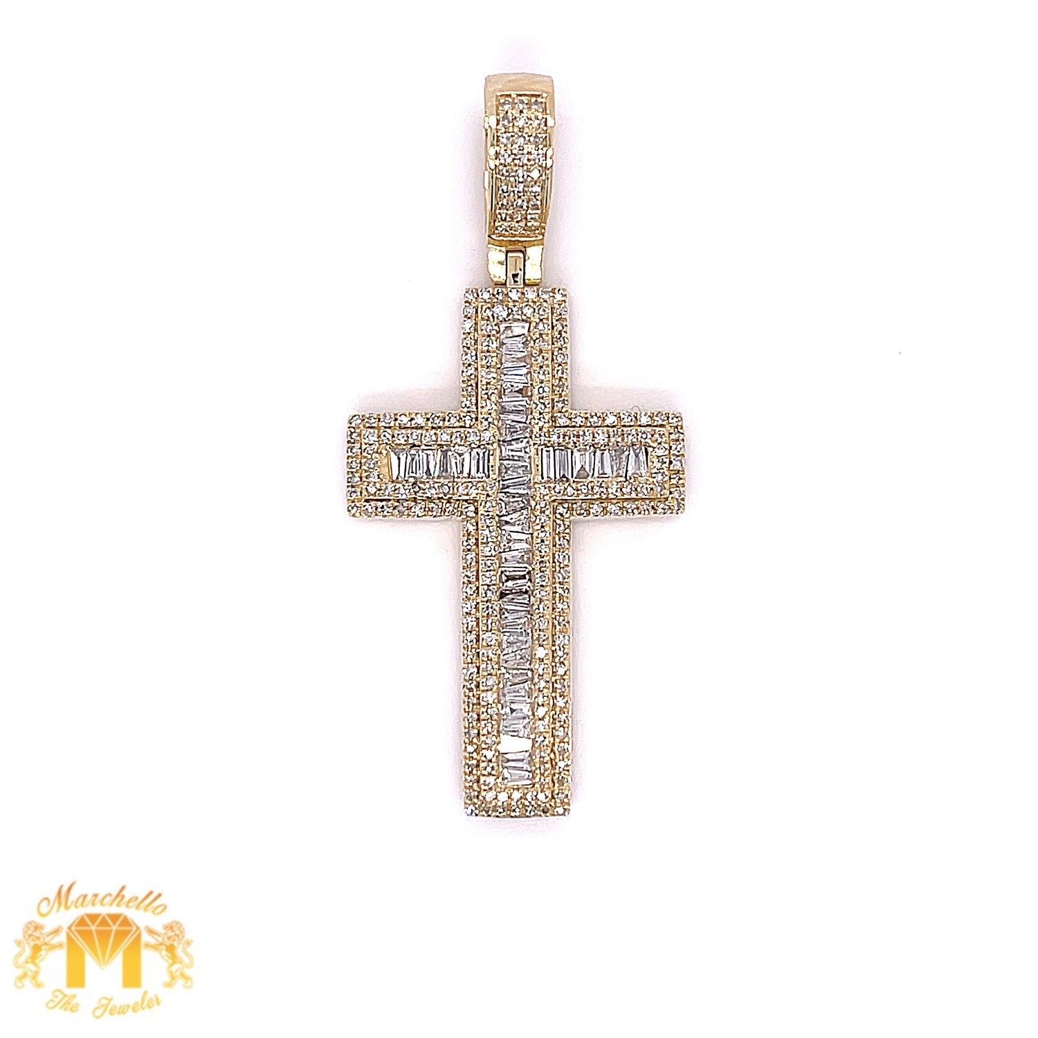 14k Gold Cross Pendant with Baguette Diamond  (Solid Back)