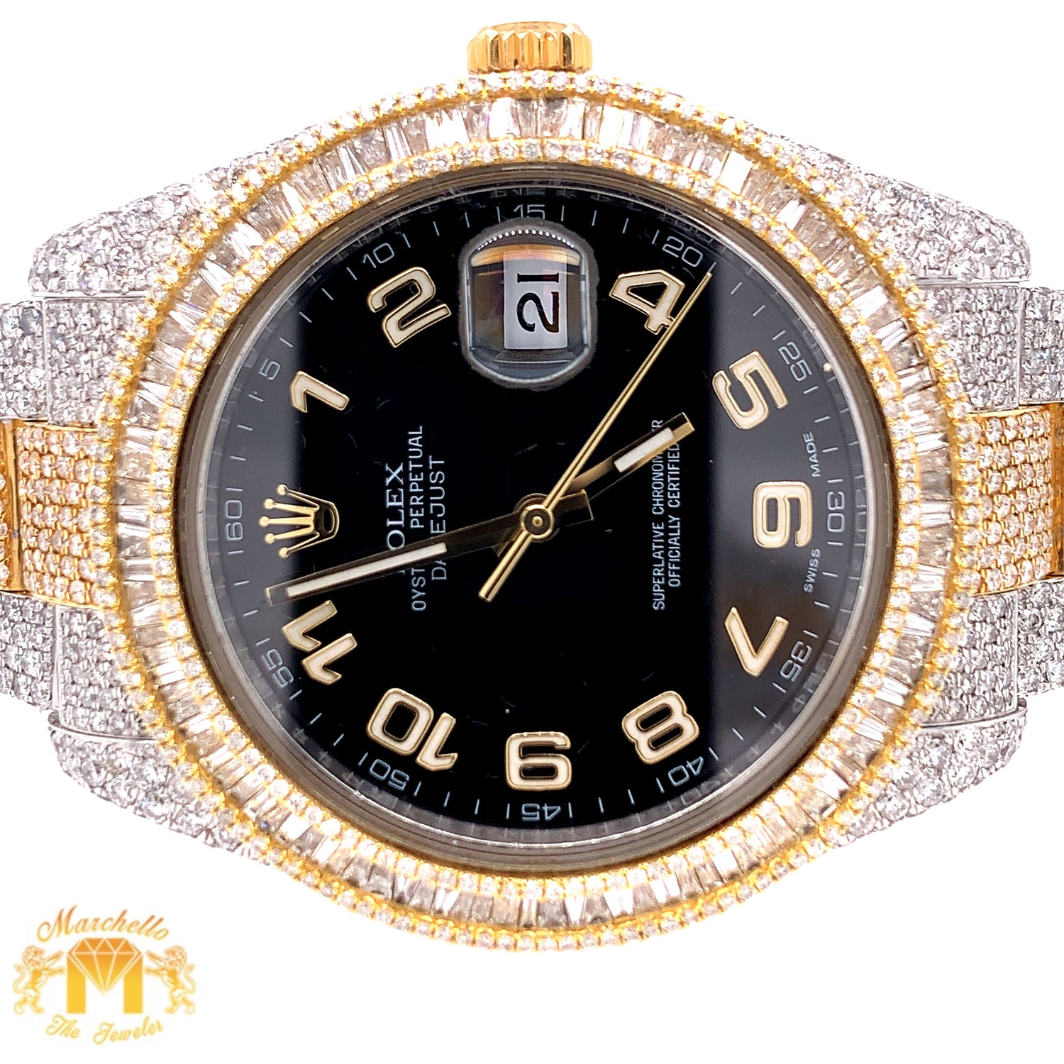 41mm Fully Iced Out Diamond Rolex Datejust 2 Watch with Two-tone Oyster Bracelet (baguette bezel)