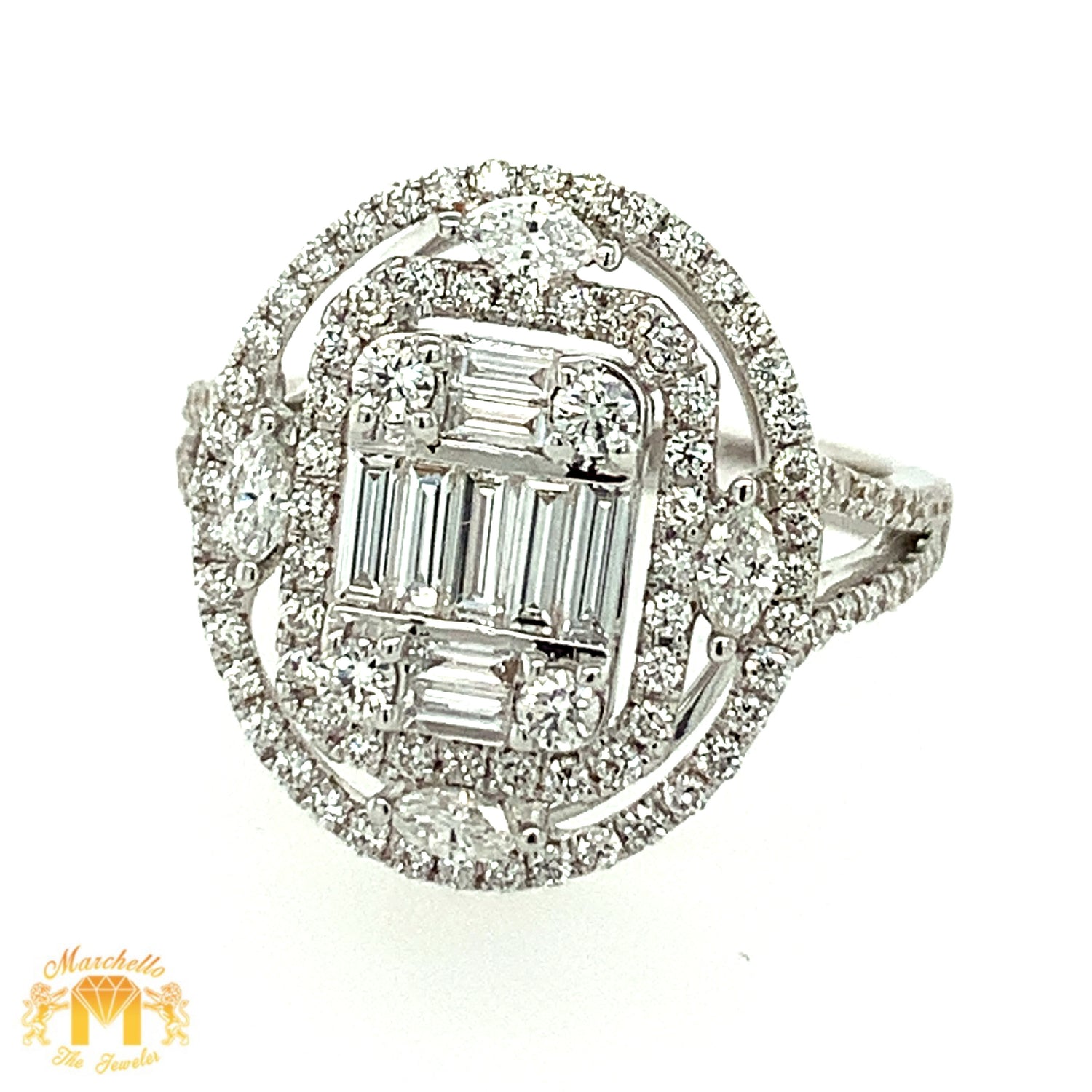 18k White Gold Ladies' Oval Diamond Ring (large VVS baguettes)