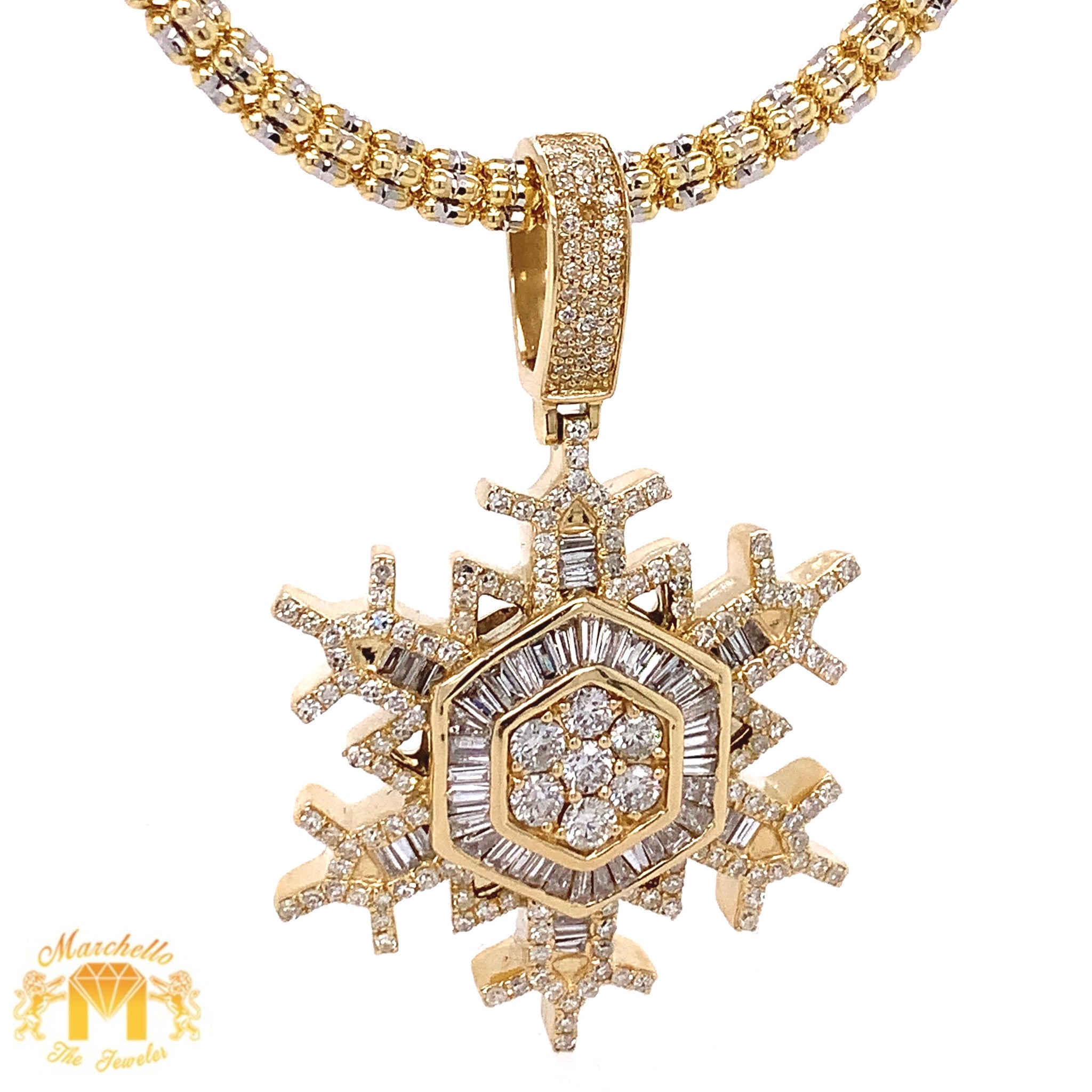 14k Gold Snowflake Pendant with baguette and round diamonds & Gold