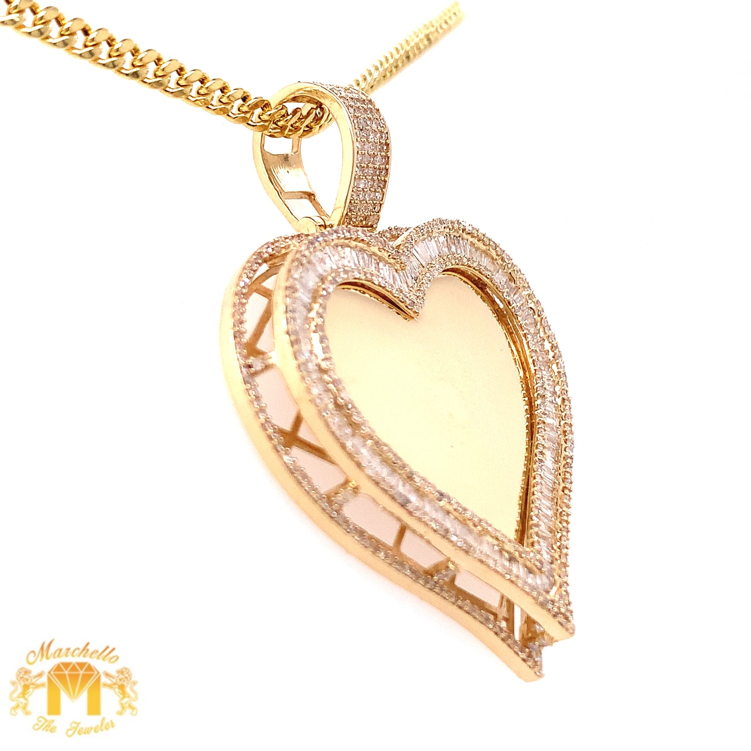 14k Gold Heart-shaped Memory Picture Diamond Pendant and Gold Cuban Link Chain Set