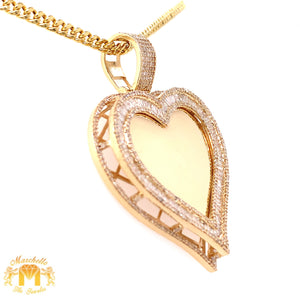 14k Gold Heart-shaped Memory Picture Diamond Pendant and Gold Cuban Link Chain Set