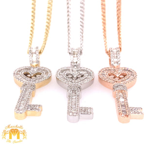 14k Gold Fancy Key Diamond Pendant with 14k Gold Cuban Link Chain