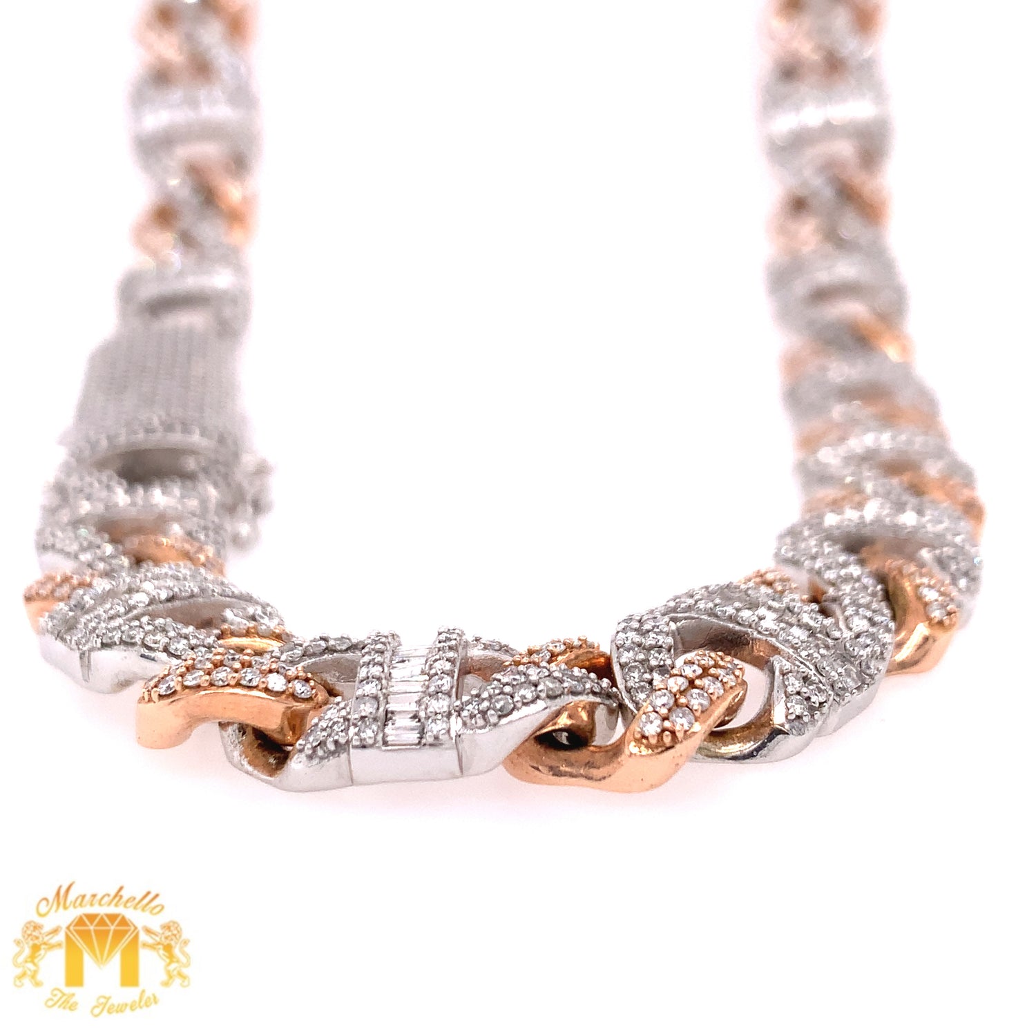 14k Two-tone Gold 12.5mm Fancy Cuban Mariner Link Necklace with baguette & round diamonds