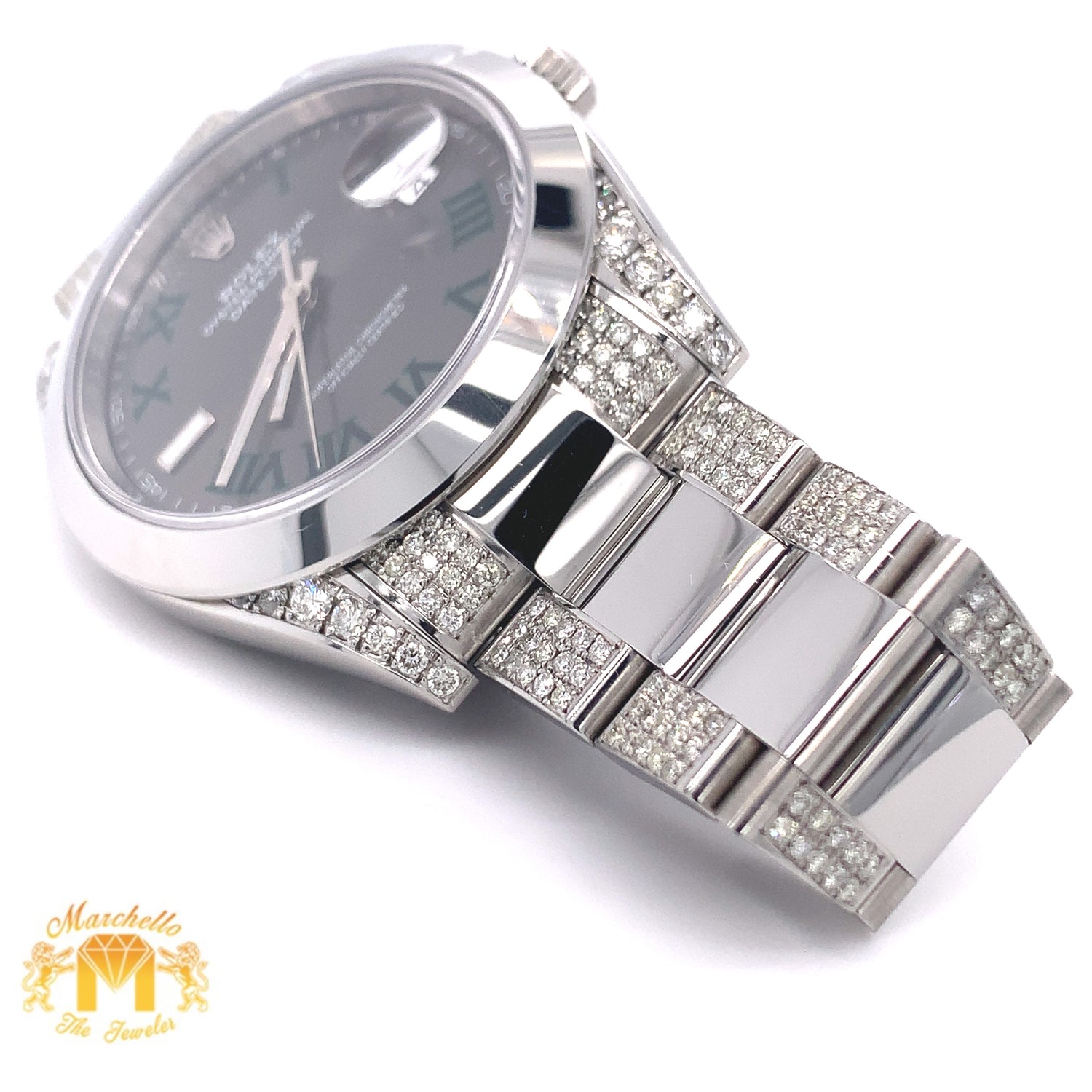 4ct Diamond 41mm Rolex Datejust 2 Watch Stainless Steel Oyster Band (smooth bezel, Wimbledon dial)