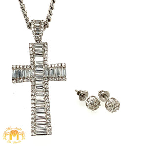 VVS/vs high clarity diamonds set in a 18k White Gold Cross Pendant with 14k White Gold Cuban Link Chain an Diamond Flower Earrings Set (large VVS baguettes)