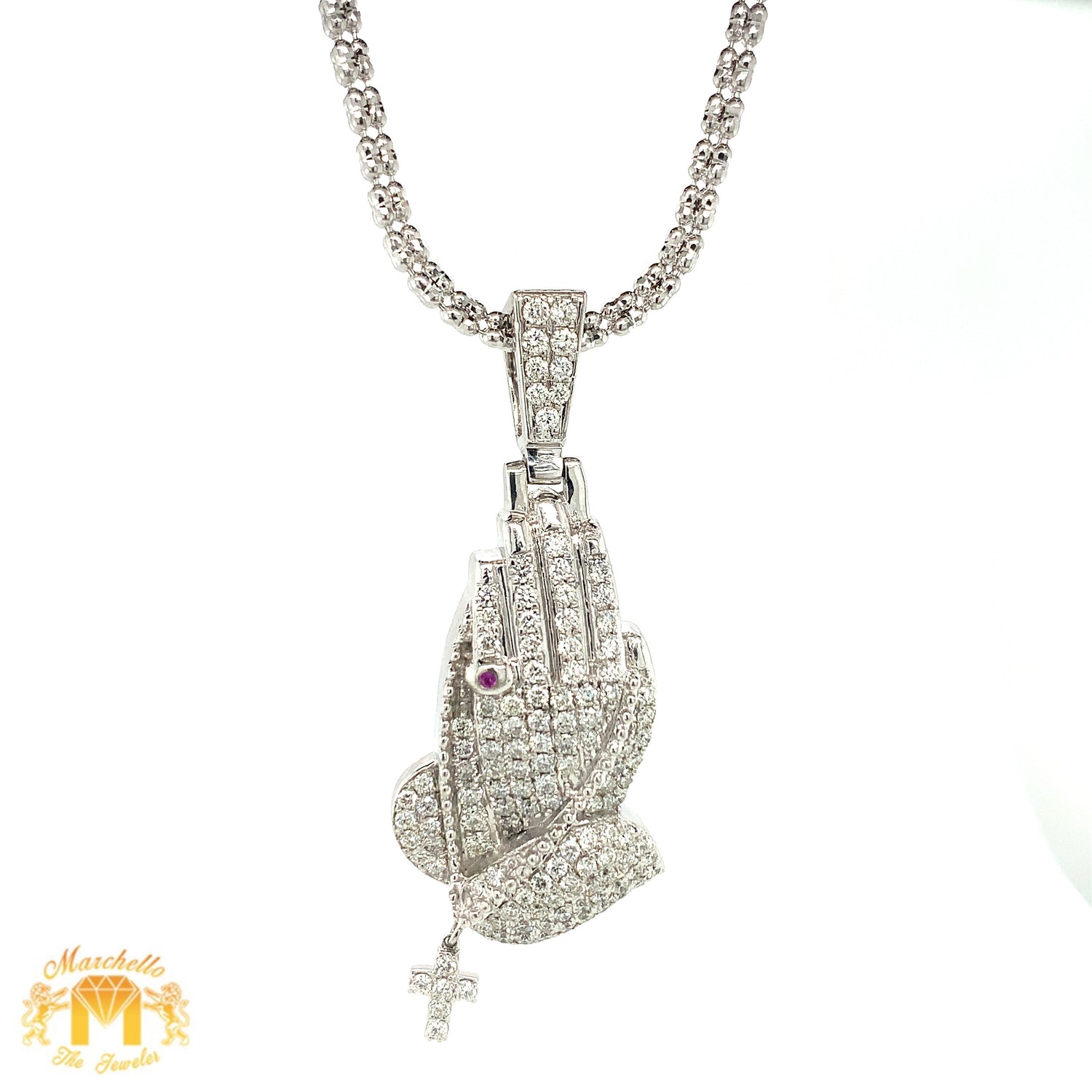14k Gold Praying Hands Diamond Pendant, Gold 2mm Ice Link Chain (choose your color)