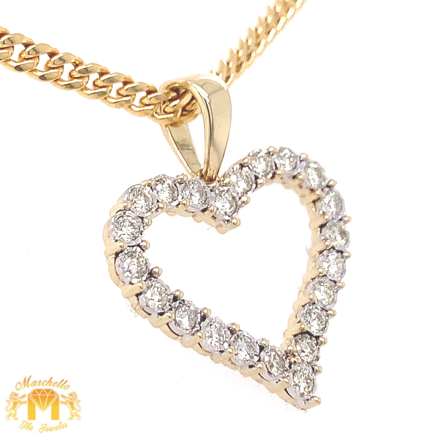 Diamond and Gold Heart Pendant with Gold Cuban Link Chain