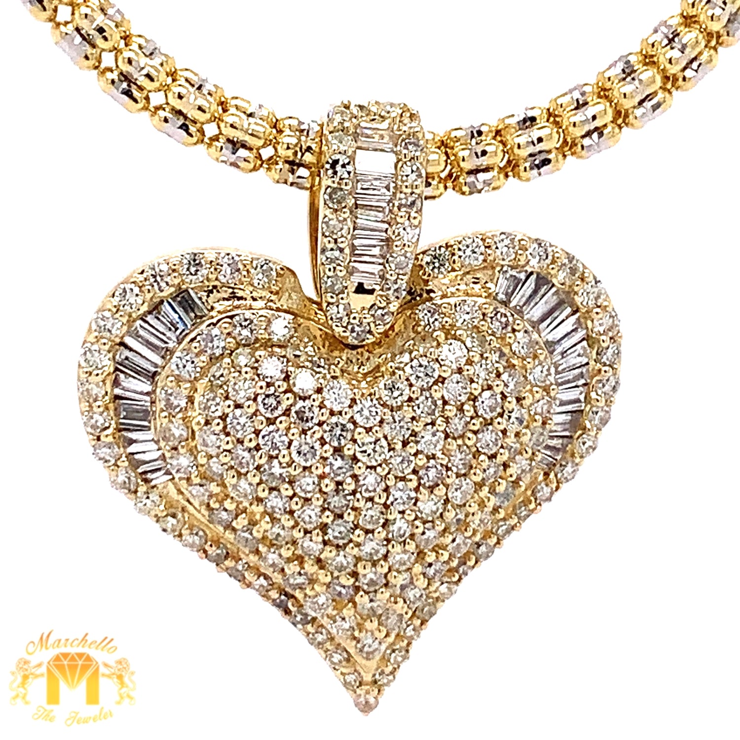 14k Gold Heart Diamond Pendant and Gold Ice Link Chain Set