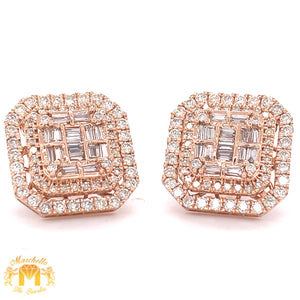 14k Gold Square Earrings with extra large Baguette and Round Diamond
