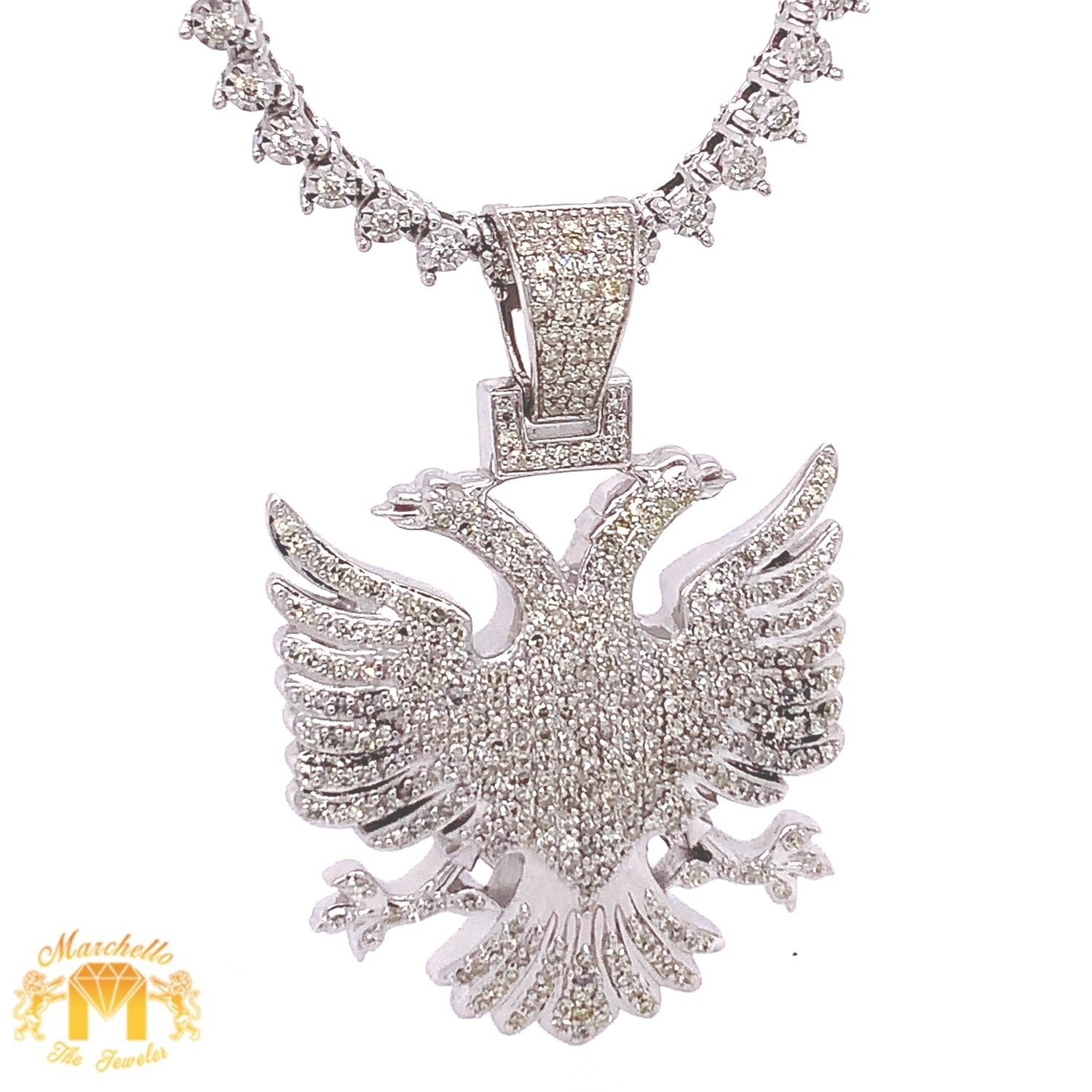 14k Gold Two-Headed Eagle Diamond Pendant and Gold Diamond Tennis Chain Set (various colors)