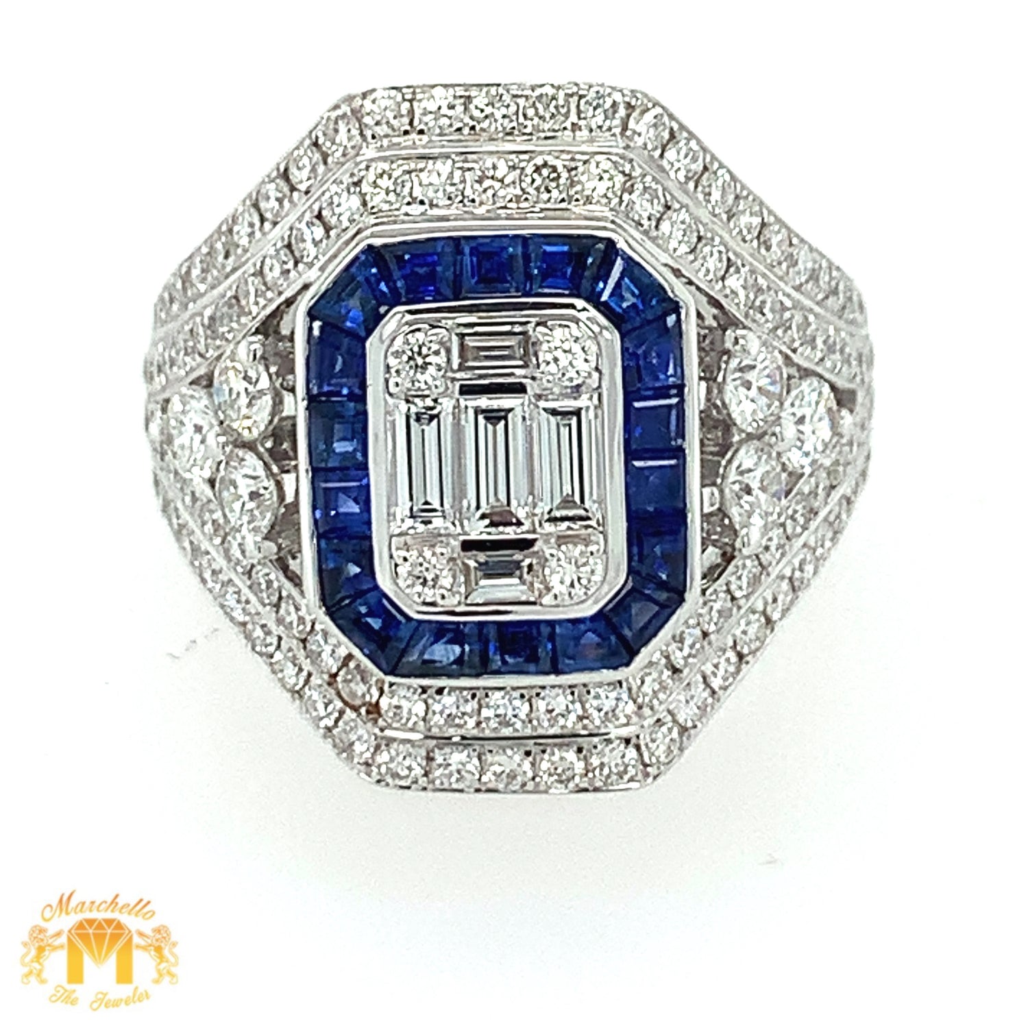 VVS/vs high clarity diamonds set in a 18k White Gold Ladies' Ring with Diamond and Blue Sapphire  (VVS baguettes)