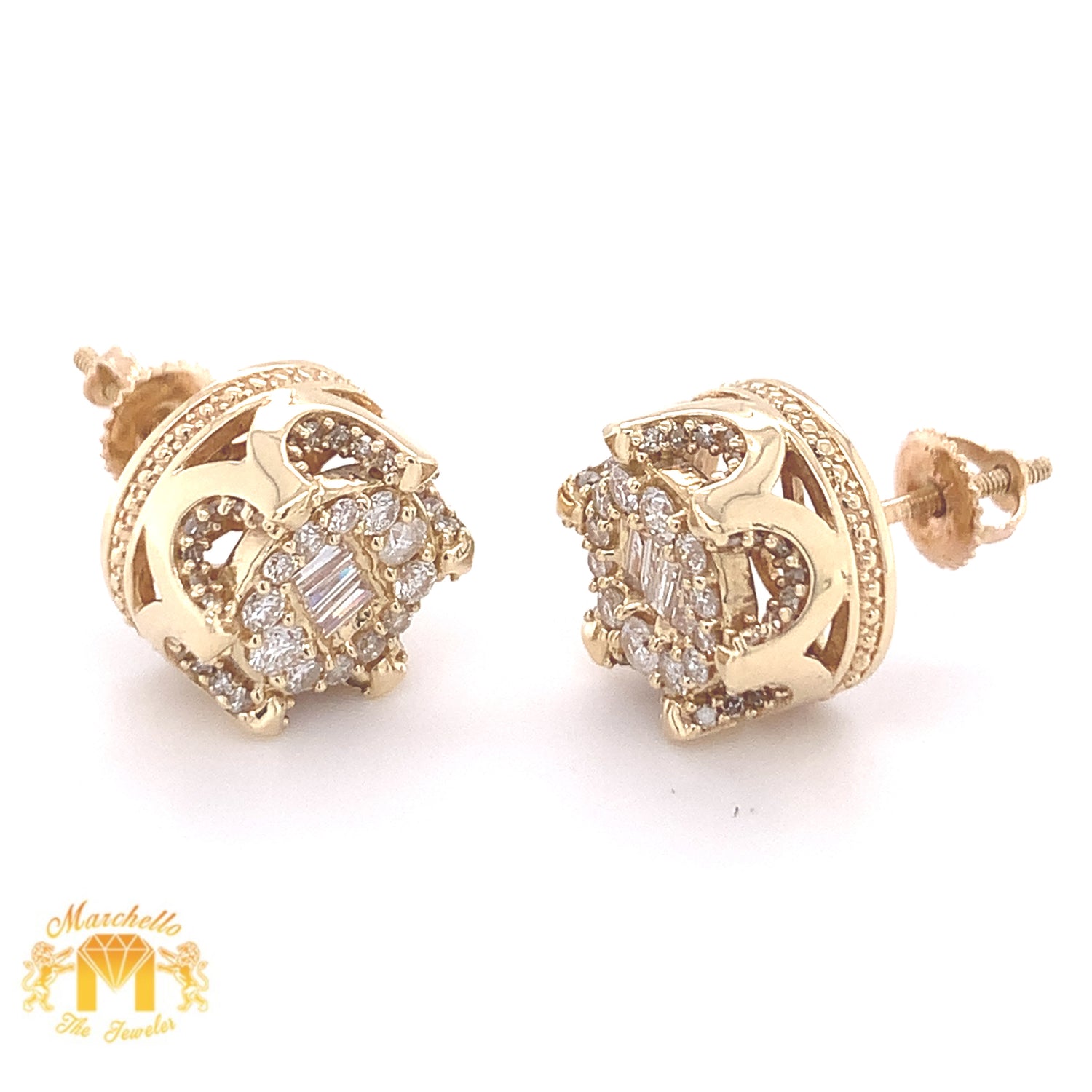 Baguette and Round Diamond 14k Gold 9.50mm 3D Round Earrings