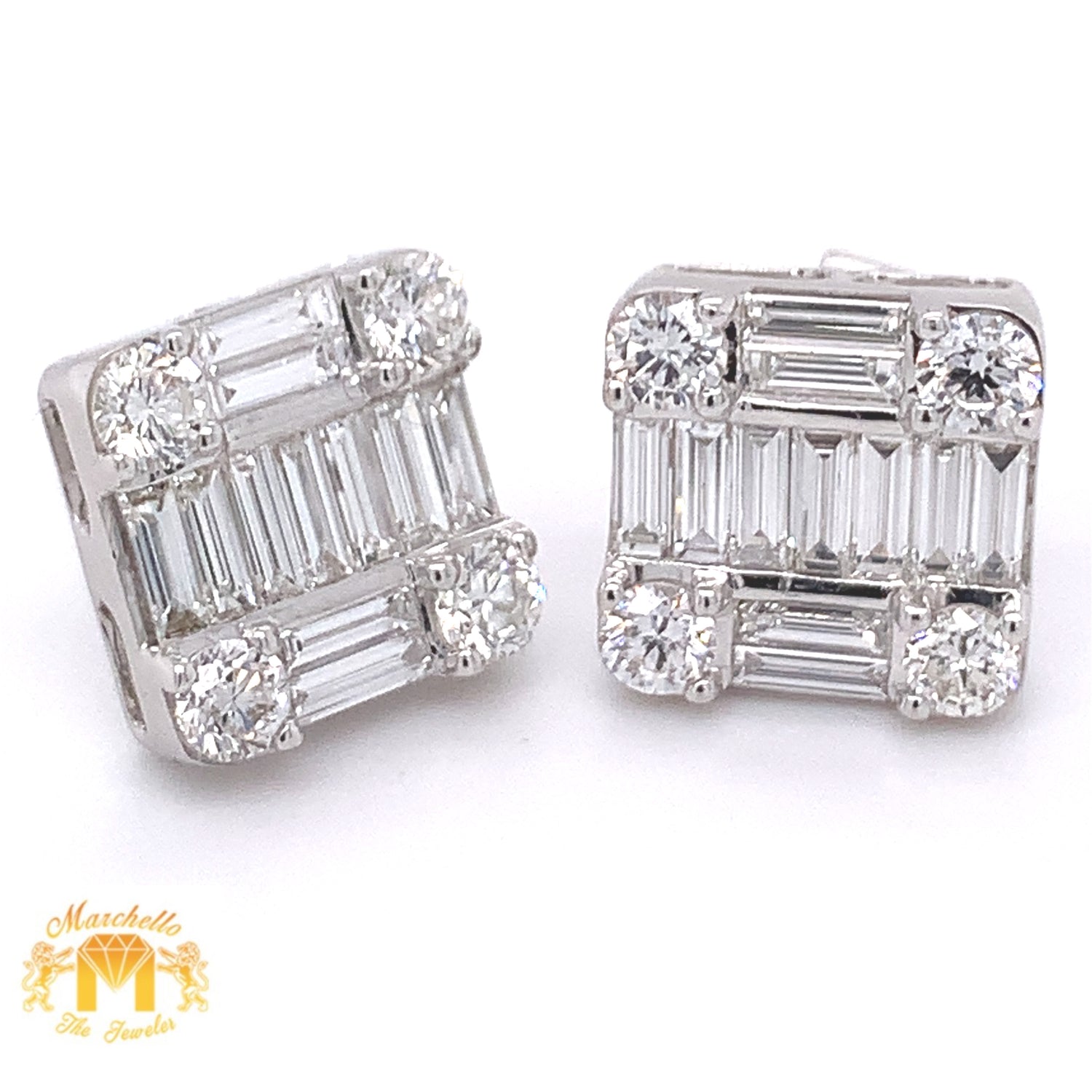 VVS/vs high clarity diamonds set in a 18k White Gold Square Earrings with Baguette & Round Diamond (large VVS baguettes)