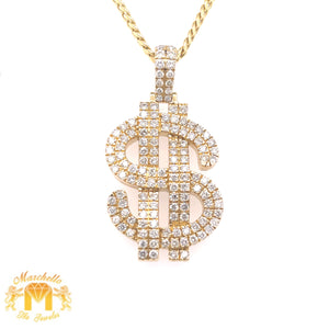 14k Gold Dollar Sign Pendant with Round Diamond and Gold Cuban Chain Set