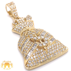 14k Yellow Gold Money Bag Pendant with baguette and round diamonds and Gold Cuban Link Chain Set