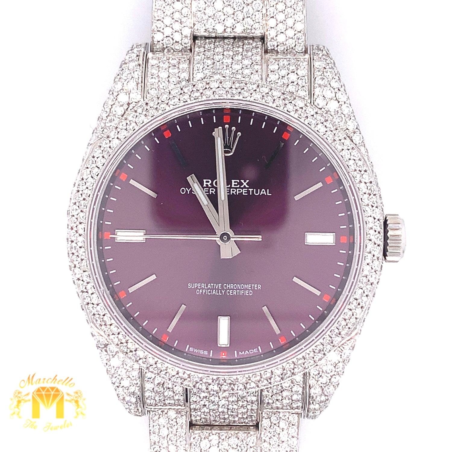 Iced Out Rolex Oyster Perpetual Diamond Watch with Stainless Steel Oyster Bracelet (39 mm, purple dial)