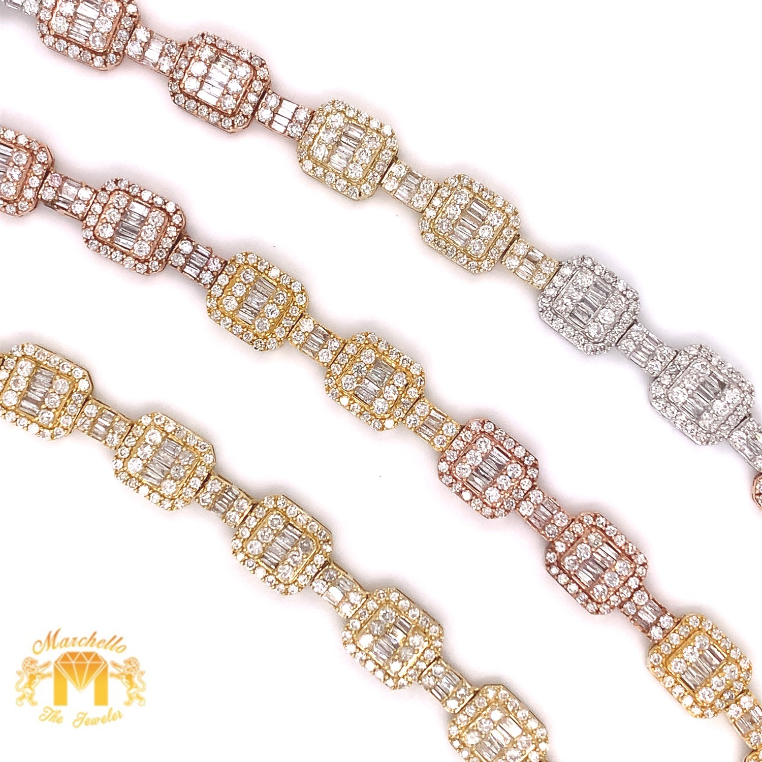 14k Gold Fancy Square Link Chain with Baguette and Round Diamond