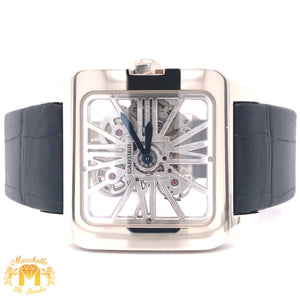 18k White Gold Mens Large Cartier Santos-Dumont Skeleton Watch with Black Leather Band