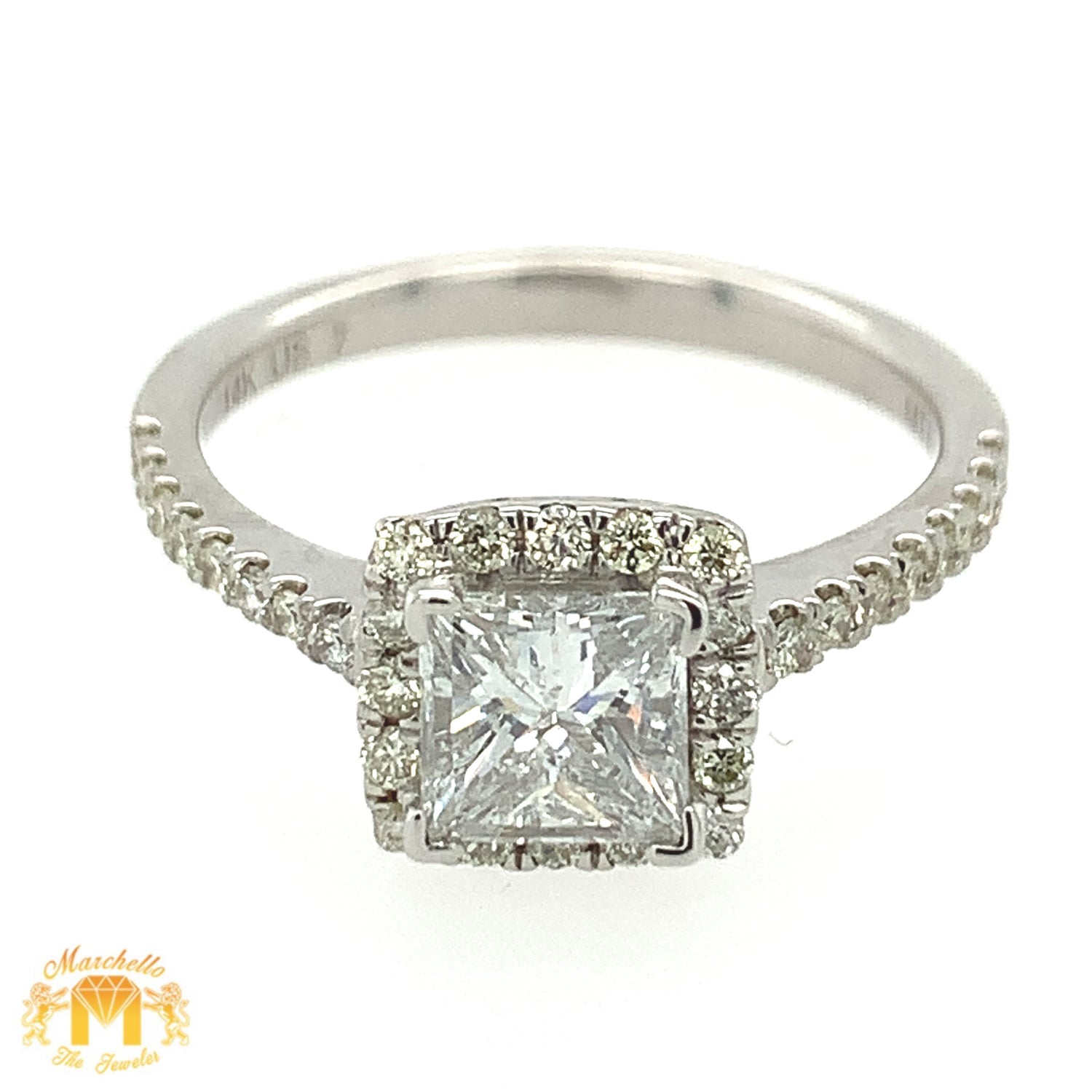 14k White Gold Engagement Diamond Ring (square halo, 1.02ct cushion center stone)