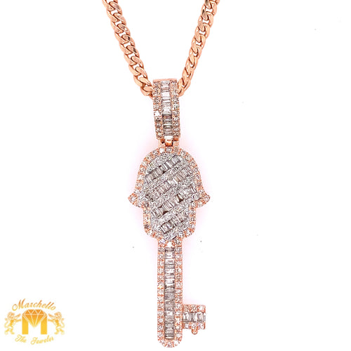 14k Gold Hamsa Key Diamond Pendant with 14k Gold Cuban Link Chain